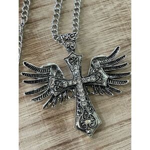 Silver Winged Cross Necklace New